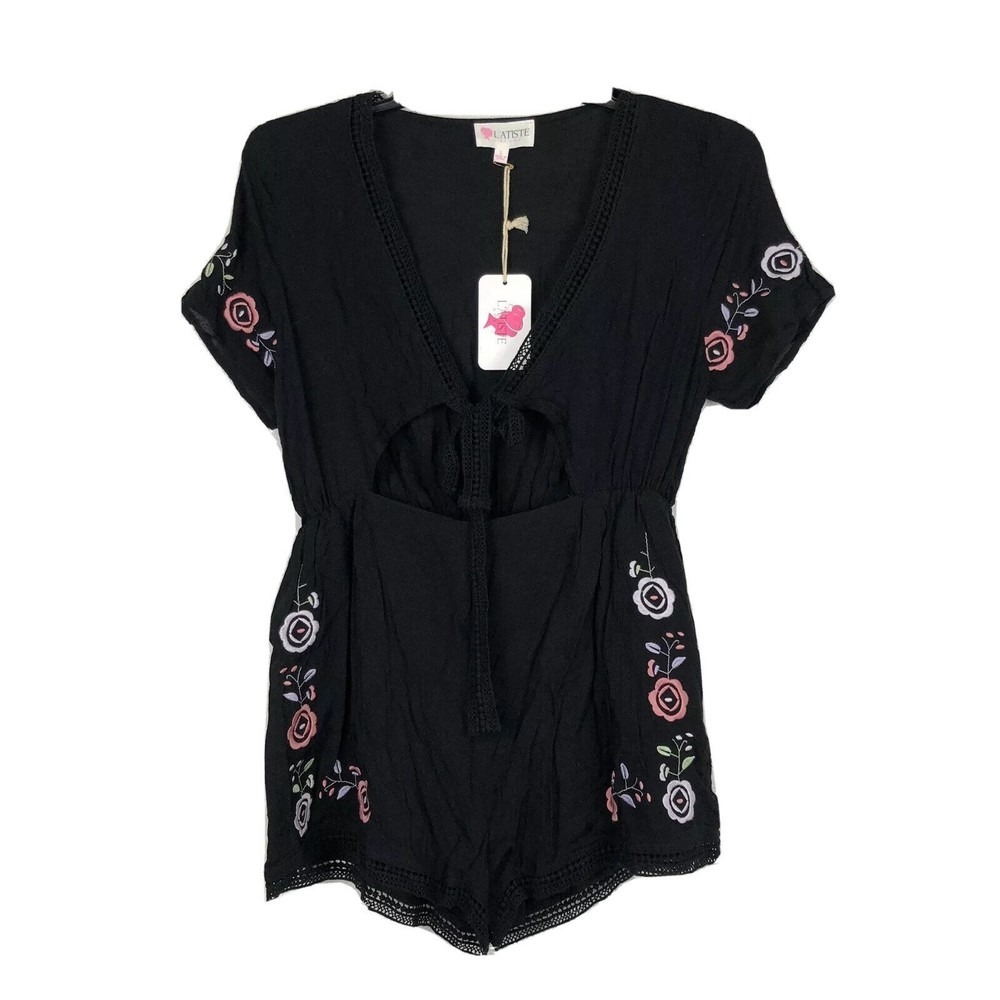 L'Atiste by Amy Black Embroidered Cutout Romper with Crochet Lace Trim Large NWT